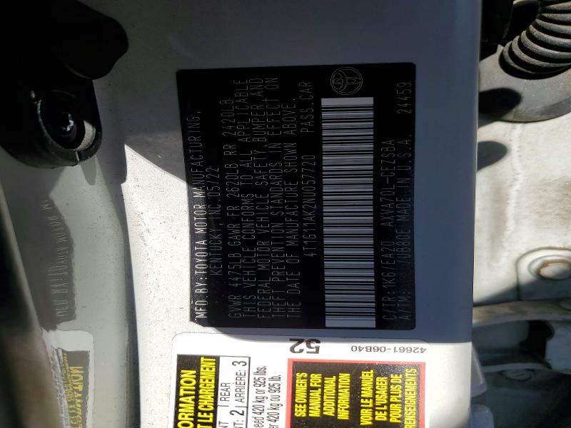 Auction sale of the 2022 Toyota Camry, vin: 4T1G11AK2NU057720, lot number: 54780366