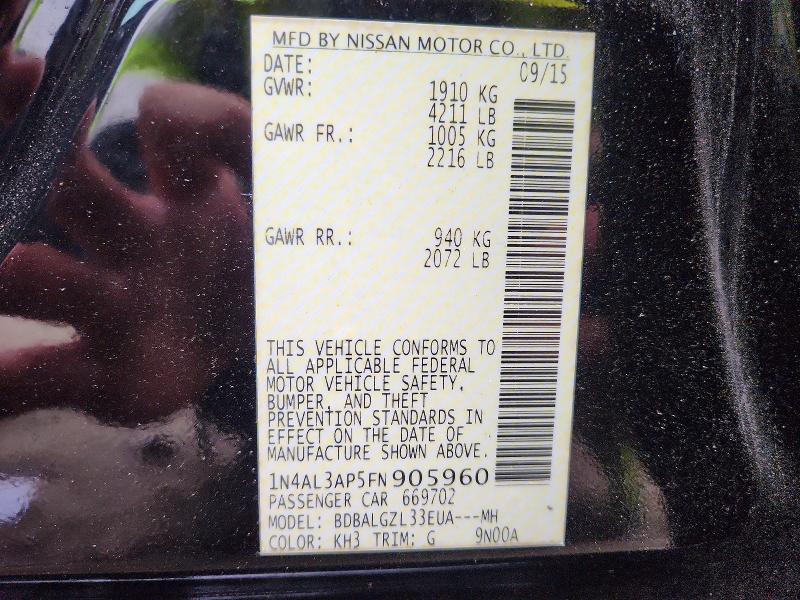 49922406 :رقم المزاد ، 1N4AL3AP5FN905960 vin ، 2015 Nissan Altima مزاد بيع