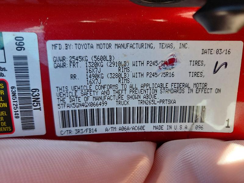 54661796 :رقم المزاد ، 5TFAX5GN4GX066499 vin ، 2016 Toyota Tacoma مزاد بيع