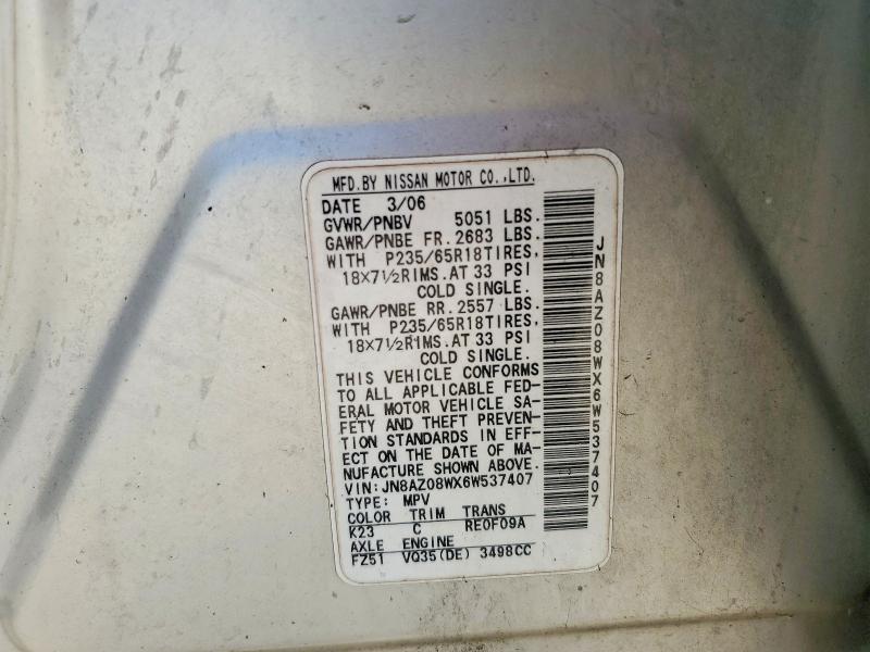 Продажа на аукционе авто 2006 Nissan Murano, vin: JN8AZ08WX6W537407, номер лота: 54194106