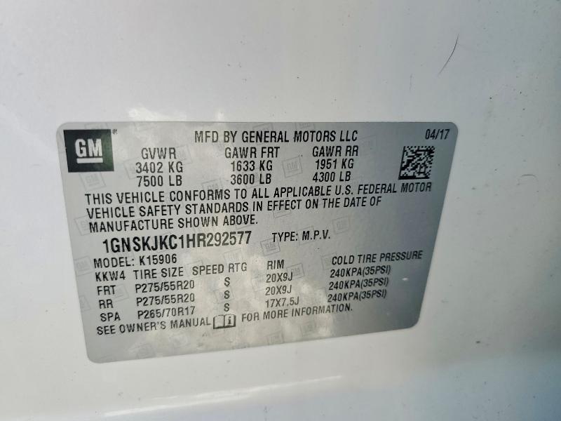 Продаж на аукціоні авто 2017 Chevrolet Suburban, vin: 1GNSKJKC1HR292577, номер лоту: 53159516