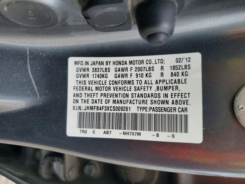 54283326 :رقم المزاد ، JHMFB4F3XCS009261 vin ، 2012 Honda Civic مزاد بيع