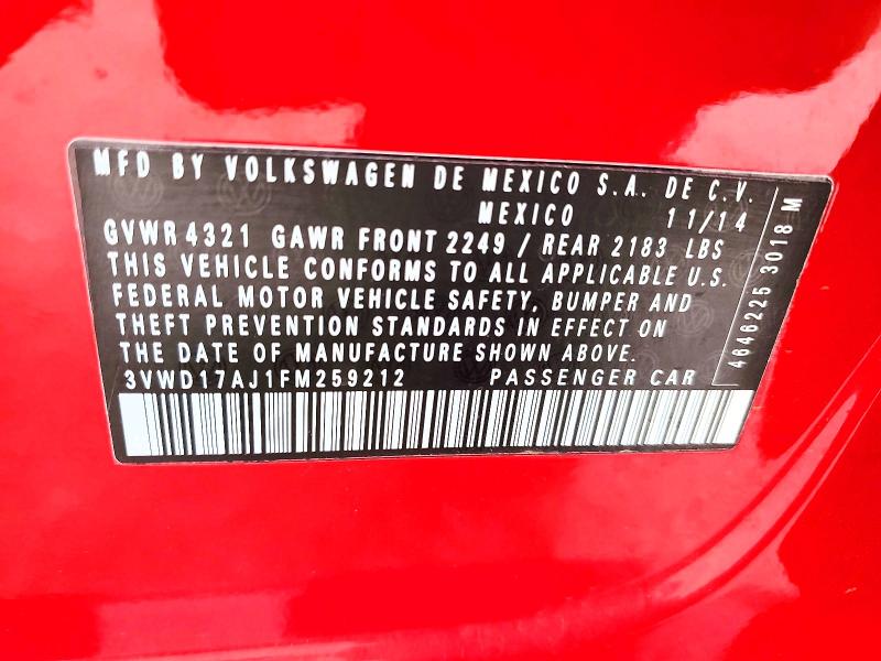 52599866 :رقم المزاد ، 3VWD17AJ1FM259212 vin ، 2015 Volkswagen Jetta مزاد بيع