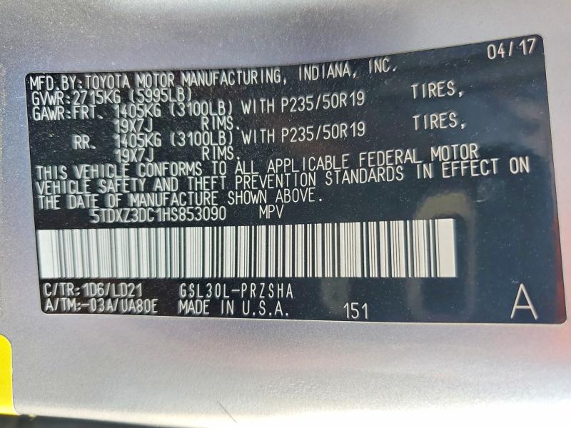 53663076 :رقم المزاد ، 5TDXZ3DC1HS853090 vin ، 2017 Toyota Sienna مزاد بيع