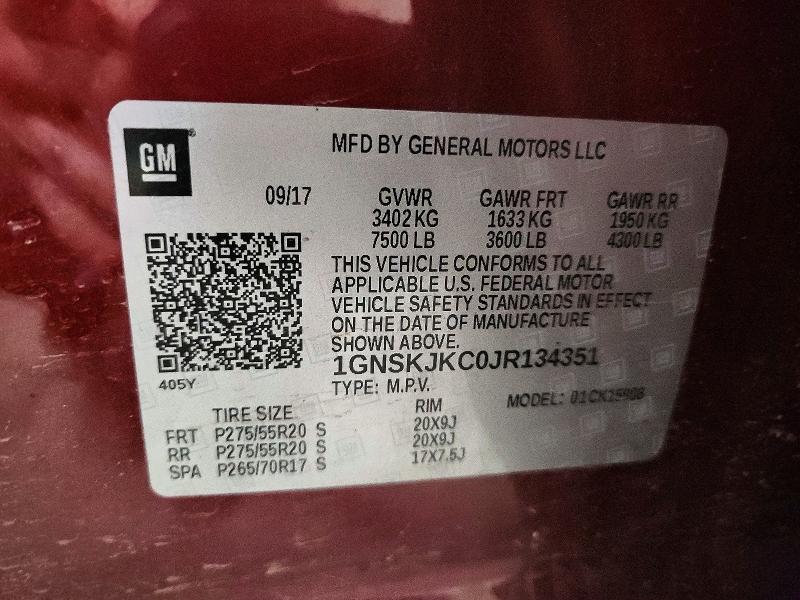 2018 Chevrolet Suburban მანქანა იყიდება აუქციონზე, vin: 1GNSKJKC0JR134351, აუქციონის ნომერი: 54833076
