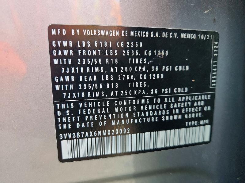 2022 Volkswagen Tiguan მანქანა იყიდება აუქციონზე, vin: 3VV3B7AX6NM020092, აუქციონის ნომერი: 53390356