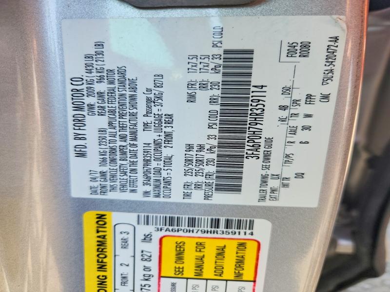 2017 Ford Fusion მანქანა იყიდება აუქციონზე, vin: 3FA6P0H79HR359114, აუქციონის ნომერი: 53776206