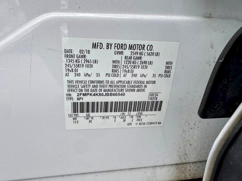 2018 Ford Edge მანქანა იყიდება აუქციონზე, vin: 2FMPK4K86JBB66540, აუქციონის ნომერი: 53575766