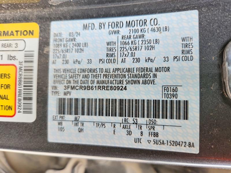2024 Ford Bronco Sport მანქანა იყიდება აუქციონზე, vin: 3FMCR9B61RRE80924, აუქციონის ნომერი: 52445756