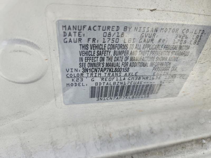 Aukcja sprzedaży 2019 Nissan Versa, vin: 3N1CN7AP7KL800158, numer aukcji: 52813576