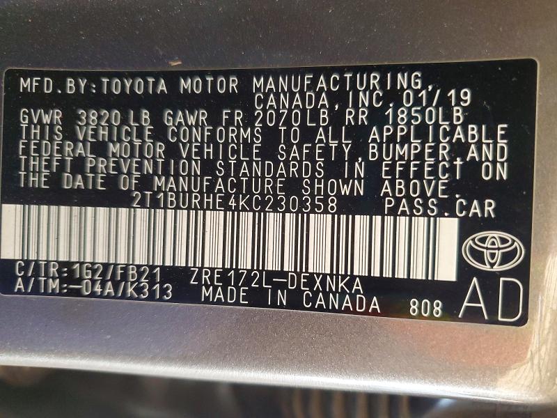 2019 Toyota Corolla მანქანა იყიდება აუქციონზე, vin: 2T1BURHE4KC230358, აუქციონის ნომერი: 53665686