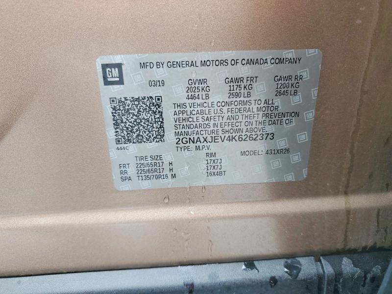 Продаж на аукціоні авто 2019 Chevrolet Equinox, vin: 2GNAXJEV4K6262373, номер лоту: 54682116