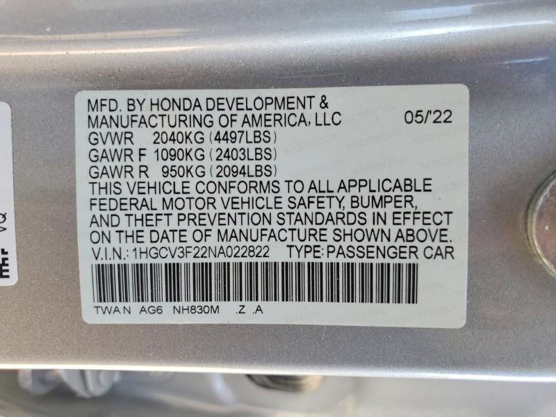 2022 Honda Accord მანქანა იყიდება აუქციონზე, vin: 1HGCV3F22NA022822, აუქციონის ნომერი: 53216236