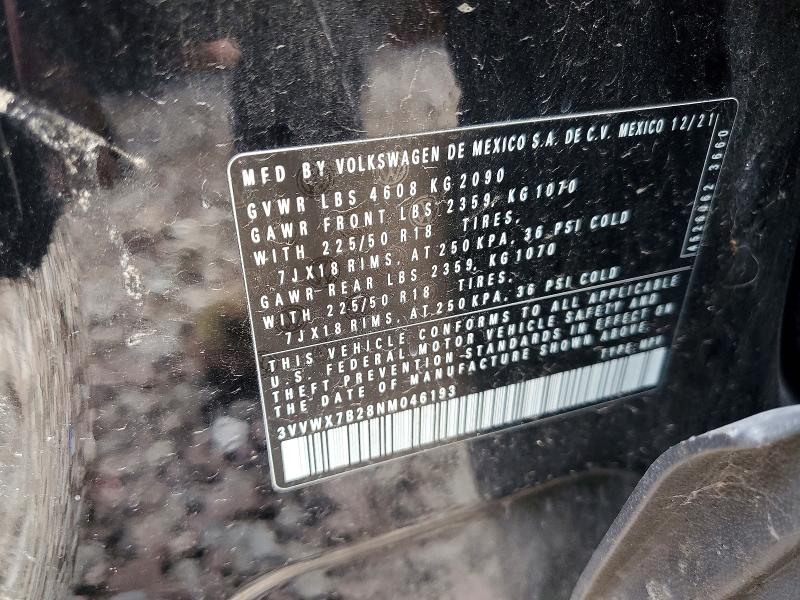2022 Volkswagen Taos მანქანა იყიდება აუქციონზე, vin: 3VVWX7B28NM046193, აუქციონის ნომერი: 53881836