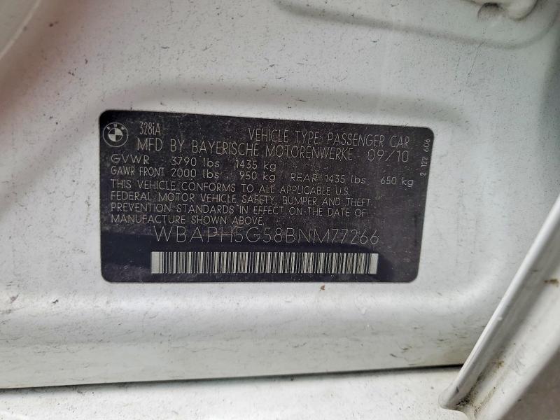2011 Bmw 328 მანქანა იყიდება აუქციონზე, vin: WBAPH5G58BNM77266, აუქციონის ნომერი: 53245626