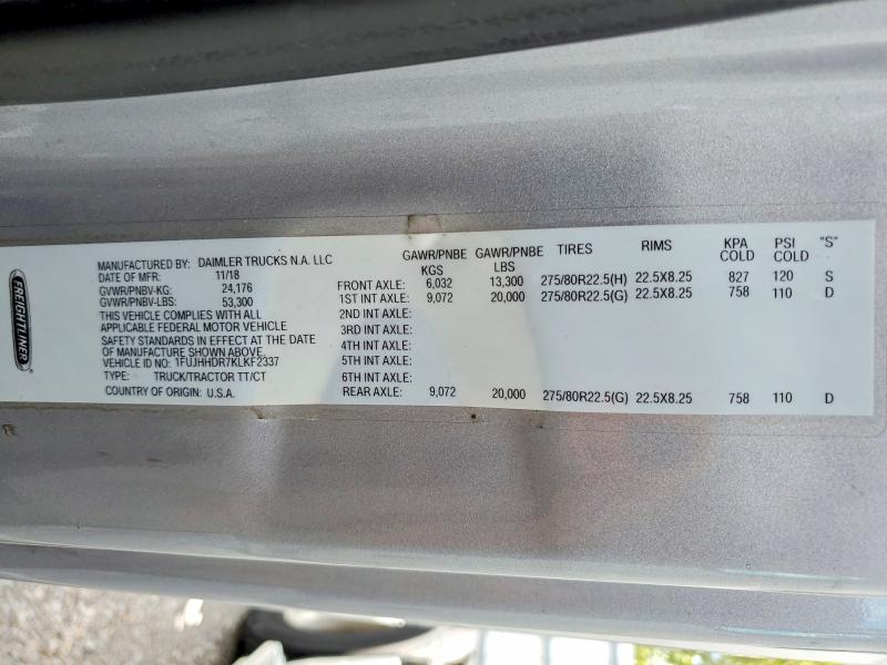 55420036 :رقم المزاد ، 1FUJHHDR7KLKF2337 vin ، 2019 Freightliner Cascadia 126 مزاد بيع