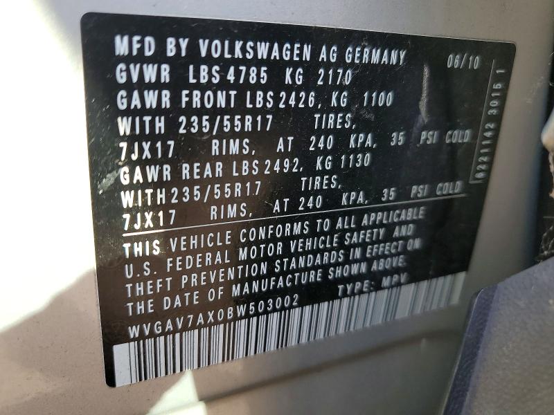 Продаж на аукціоні авто 2011 Volkswagen Tiguan, vin: WVGAV7AX0BW503002, номер лоту: 52397696