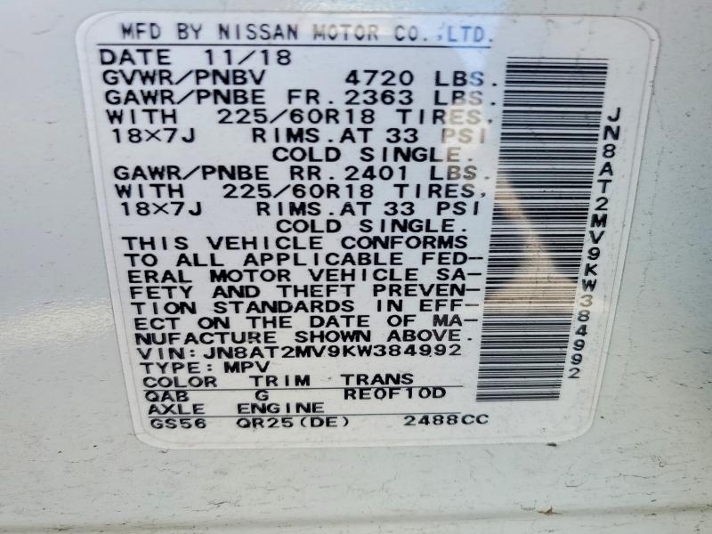 Aukcja sprzedaży 2019 Nissan Rogue, vin: JN8AT2MV9KW384992, numer aukcji: 51712226