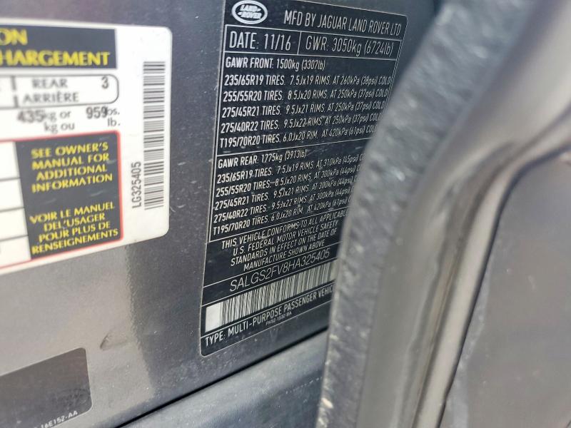 2017 Land Rover Range Rover მანქანა იყიდება აუქციონზე, vin: SALGS2FV8HA325405, აუქციონის ნომერი: 54897846