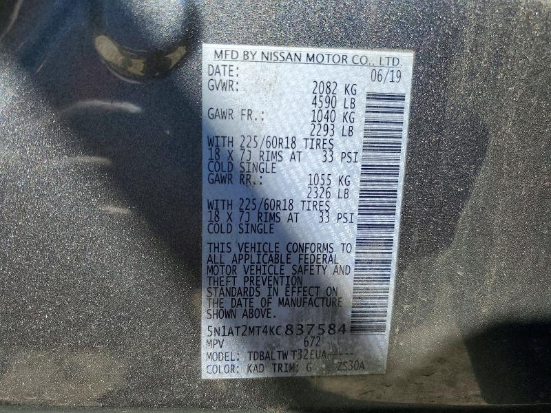 Aukcja sprzedaży 2019 Nissan Rogue, vin: 5N1AT2MT4KC837584, numer aukcji: 52170796