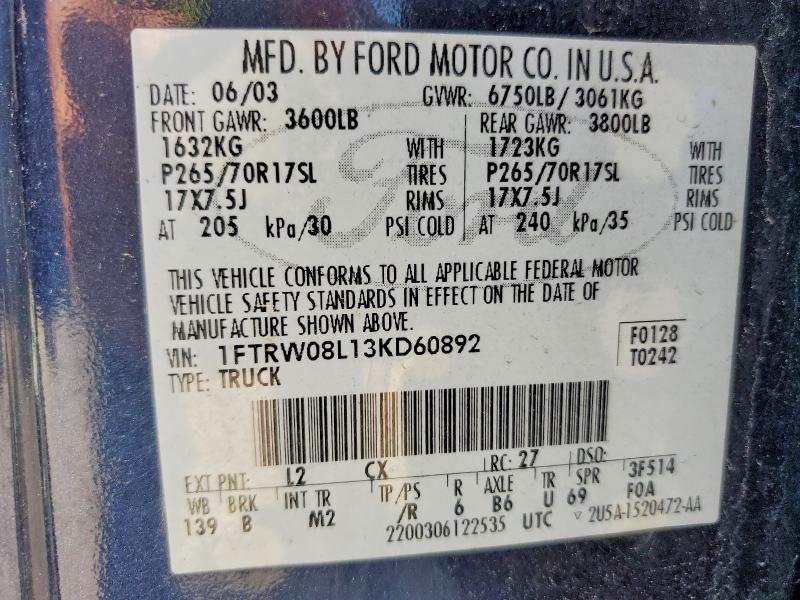 Aukcja sprzedaży 2003 Ford F150, vin: 1FTRW08L13KD60892, numer aukcji: 53745206