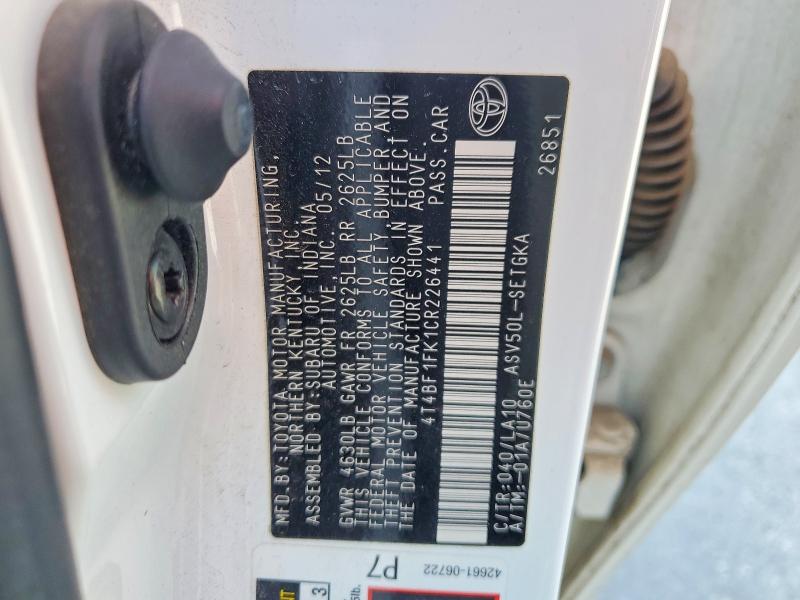 Aukcja sprzedaży 2012 Toyota Camry, vin: 4T4BF1FK1CR226441, numer aukcji: 52130036