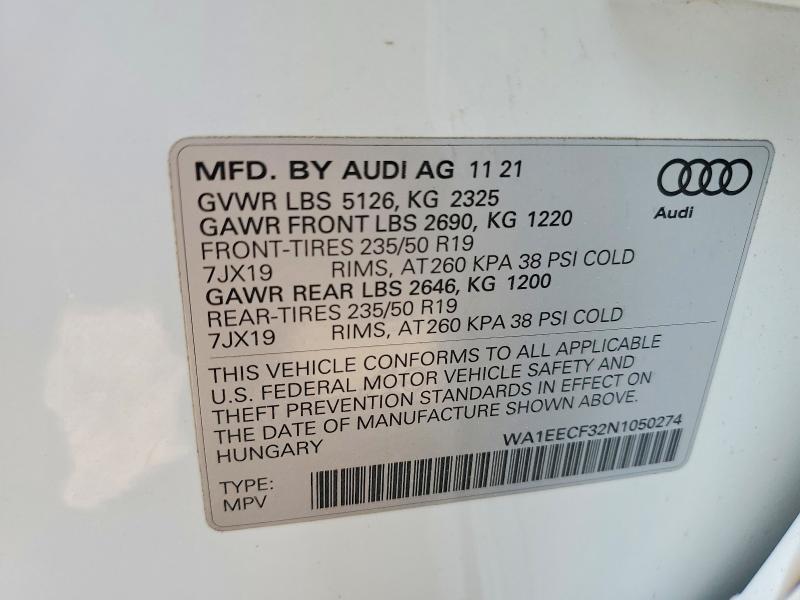 Aukcja sprzedaży 2022 Audi Q3, vin: WA1EECF32N1050274, numer aukcji: 52557696