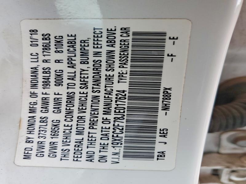 Продаж на аукціоні авто 2018 Honda Civic, vin: 19XFC2F78JE017624, номер лоту: 53666586