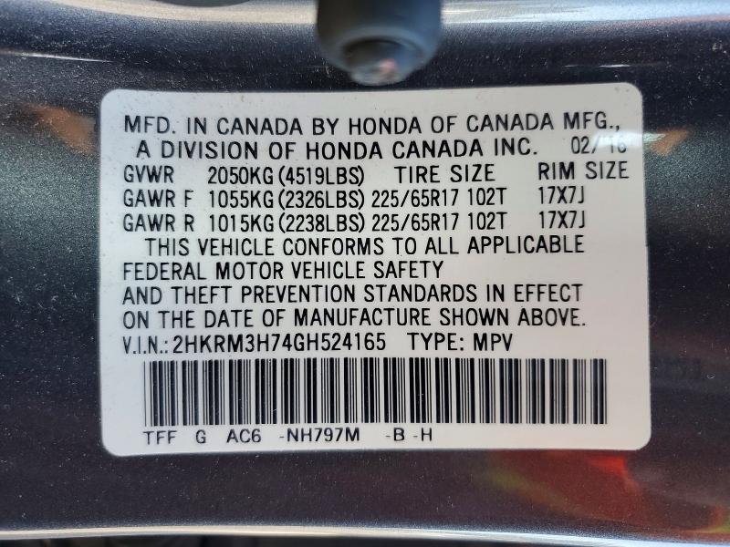 Aukcja sprzedaży 2016 Honda Cr-v, vin: 2HKRM3H74GH524165, numer aukcji: 54240056