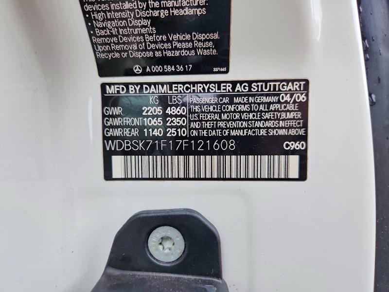 2007 Mercedes-benz Sl მანქანა იყიდება აუქციონზე, vin: WDBSK71F17F121608, აუქციონის ნომერი: 53385176