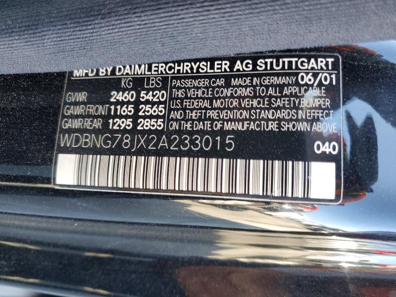 54338486 :رقم المزاد ، WDBNG78JX2A233015 vin ، 2002 Mercedes-benz S مزاد بيع