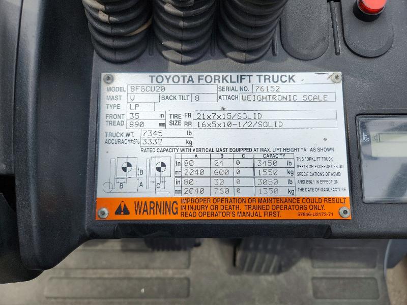 54765516 :رقم المزاد ، 76152 vin ، 2016 Toyota Na-20 Forklift مزاد بيع