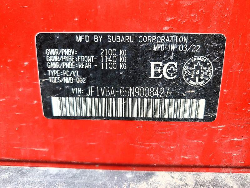 Продажа на аукционе авто 2022 Subaru Wrx, vin: JF1VBAF65N9008427, номер лота: 52708226