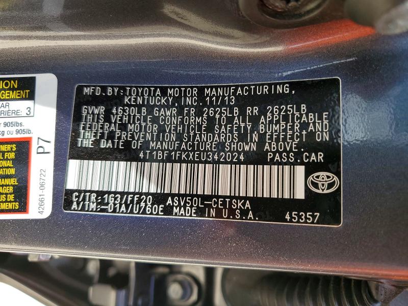 2014 Toyota Camry მანქანა იყიდება აუქციონზე, vin: 4T1BF1FKXEU342024, აუქციონის ნომერი: 52297296