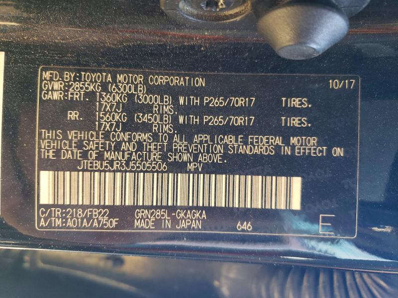 2018 Toyota 4runner მანქანა იყიდება აუქციონზე, vin: JTEBU5JR3J5505506, აუქციონის ნომერი: 53931216