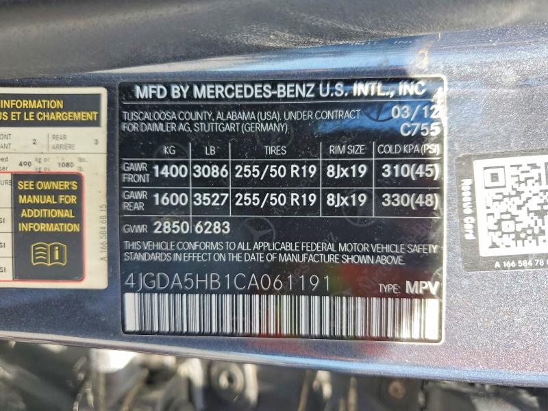 Aukcja sprzedaży 2012 Mercedes-benz Ml, vin: 4JGDA5HB1CA061191, numer aukcji: 55080796