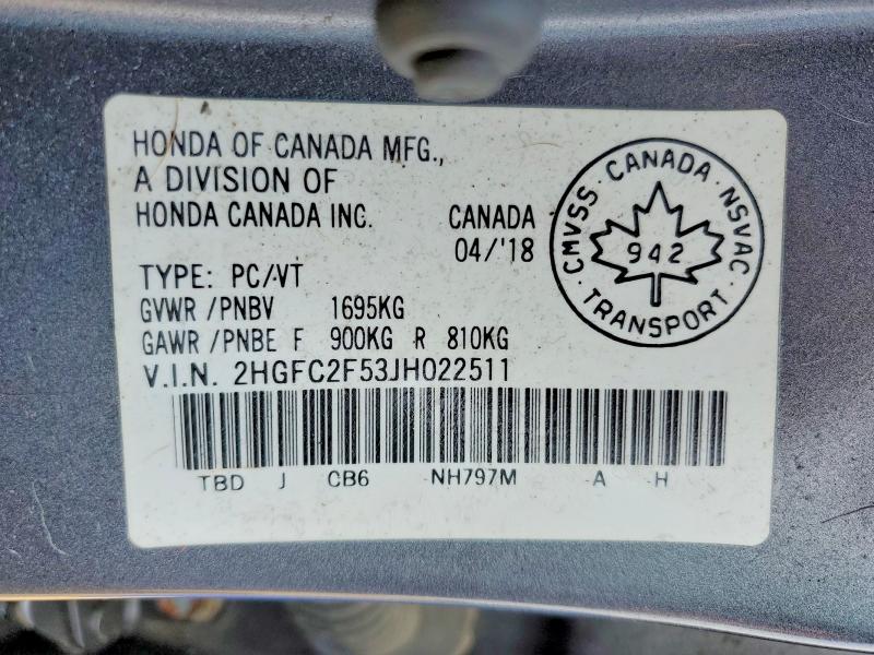 52228046 :رقم المزاد ، 2HGFC2F53JH022511 vin ، 2018 Honda Civic مزاد بيع