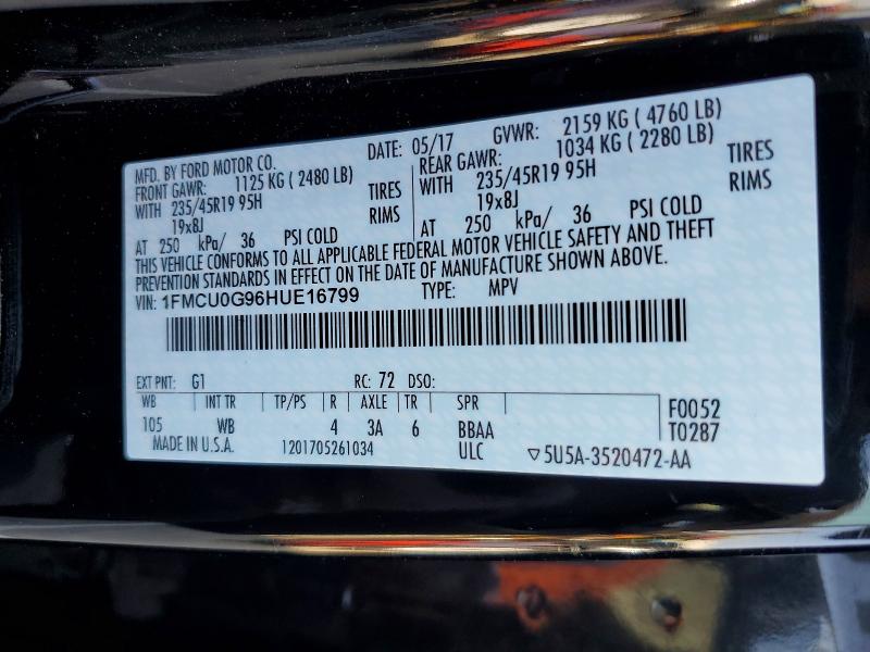 2017 Ford Escape მანქანა იყიდება აუქციონზე, vin: 1FMCU0G96HUE16799, აუქციონის ნომერი: 53320106
