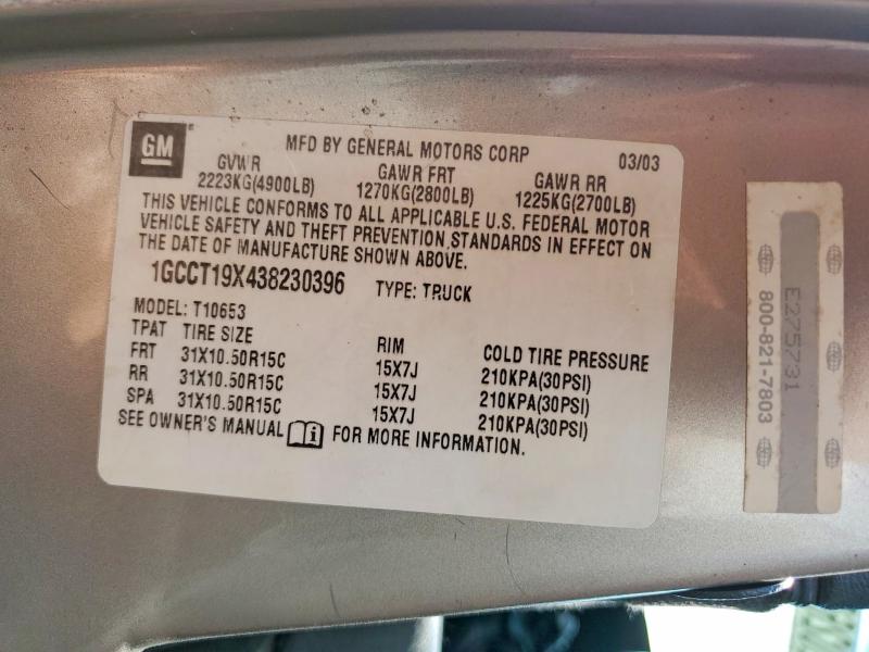 Продажа на аукционе авто 2003 Chevrolet S Truck, vin: 1GCCT19X438230396, номер лота: 54220266