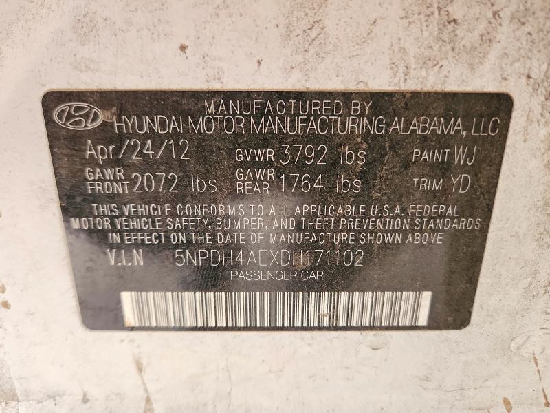 2013 Hyundai Elantra მანქანა იყიდება აუქციონზე, vin: 5NPDH4AEXDH171102, აუქციონის ნომერი: 55376606