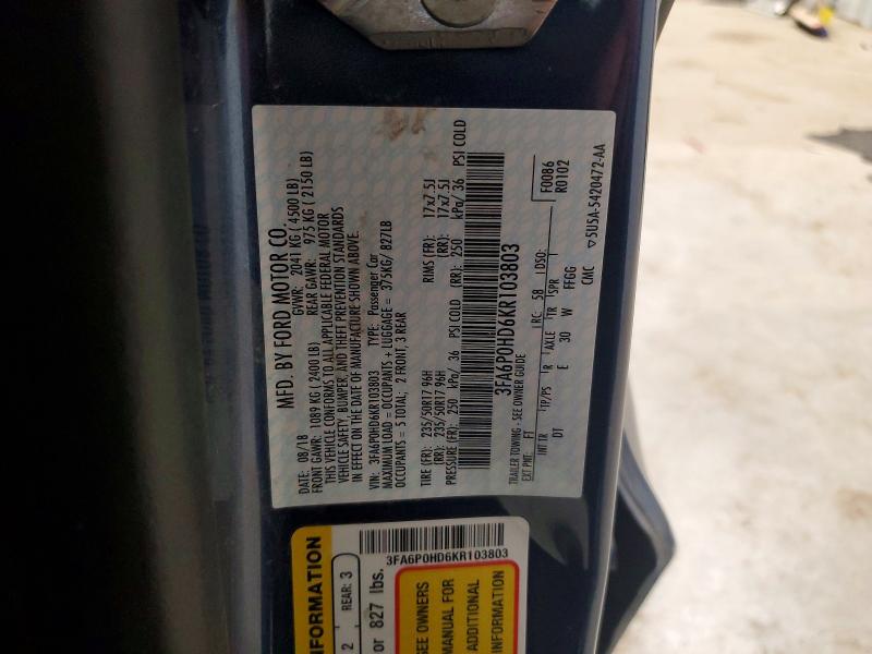 52487166 :رقم المزاد ، 3FA6P0HD6KR103803 vin ، 2019 Ford Fusion مزاد بيع