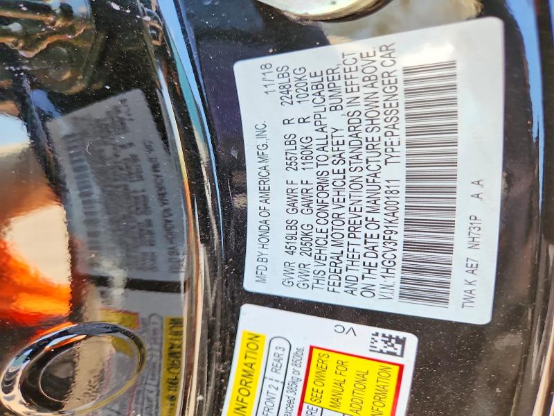 Aukcja sprzedaży 2019 Honda Accord, vin: 1HGCV3F91KA001811, numer aukcji: 52971746