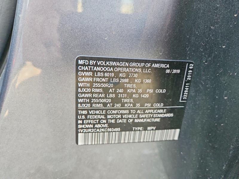 2019 Volkswagen Atlas მანქანა იყიდება აუქციონზე, vin: 1V2UR2CA2KC593495, აუქციონის ნომერი: 52491846