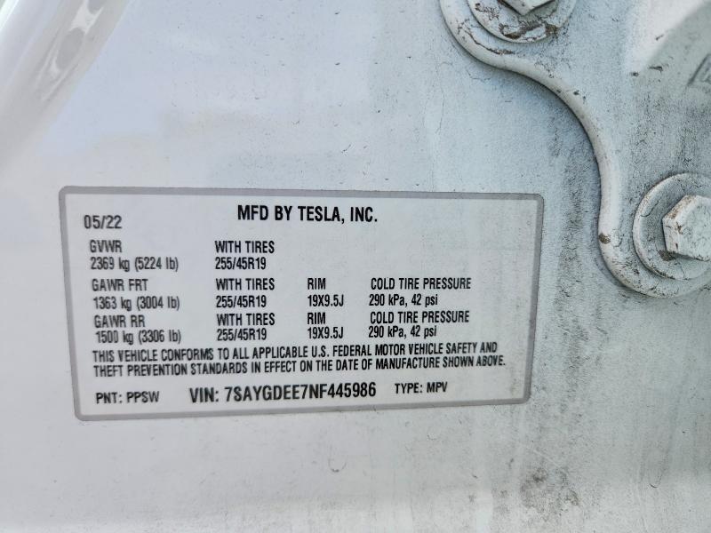 53756576 :رقم المزاد ، 7SAYGDEE7NF445986 vin ، 2022 Tesla Model Y مزاد بيع