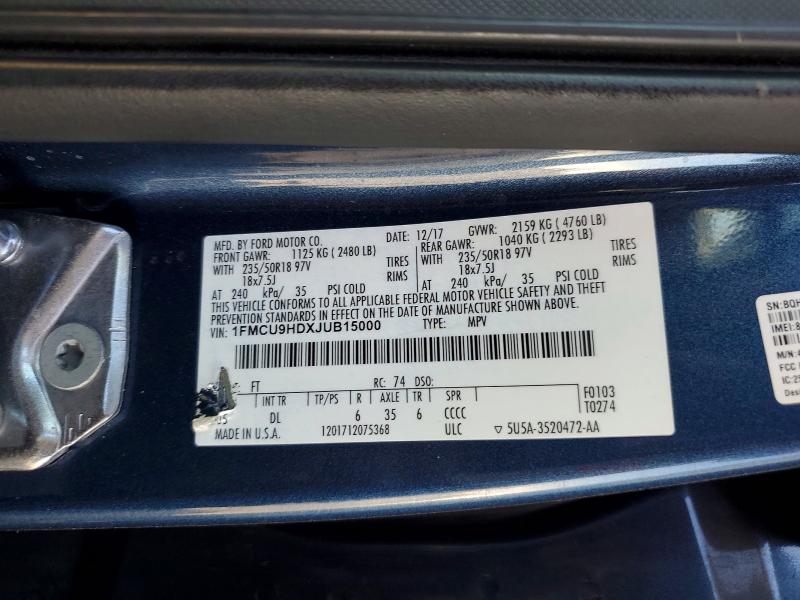 54709356 :رقم المزاد ، 1FMCU9HDXJUB15000 vin ، 2018 Ford Escape مزاد بيع