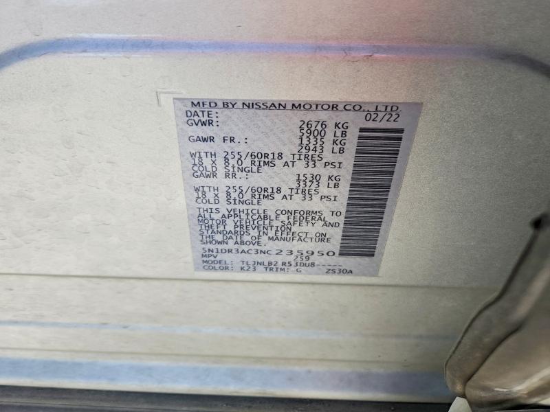2022 Nissan Pathfinder მანქანა იყიდება აუქციონზე, vin: 5N1DR3AC3NC235950, აუქციონის ნომერი: 53596086