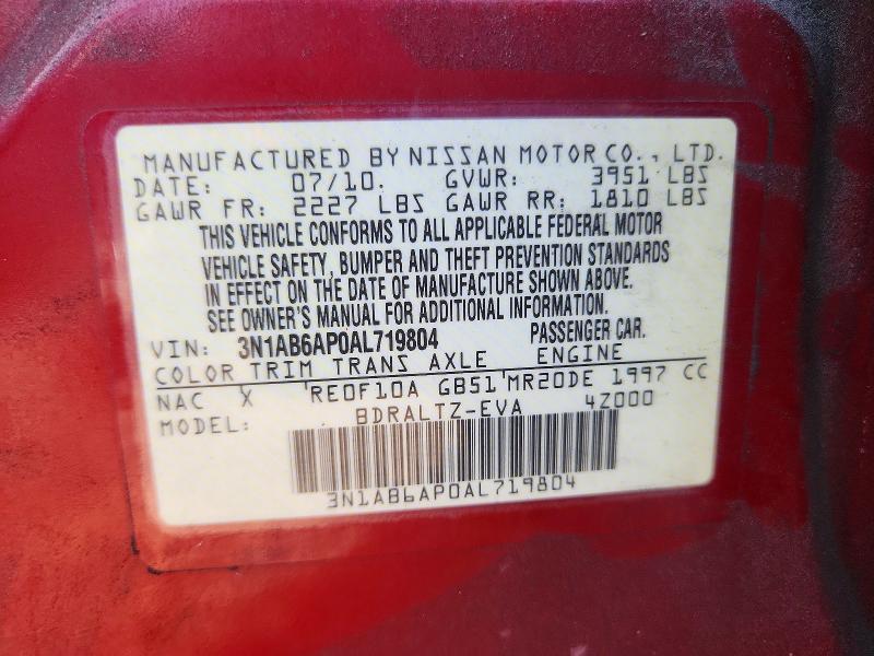 2010 Nissan Sentra მანქანა იყიდება აუქციონზე, vin: 3N1AB6AP0AL719804, აუქციონის ნომერი: 52300476