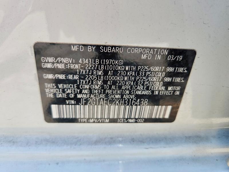 53399836 :رقم المزاد ، JF2GTAEC2KH316438 vin ، 2019 Subaru Crosstrek مزاد بيع