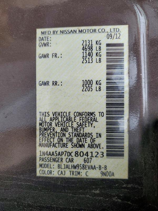 Продаж на аукціоні авто 2013 Nissan Maxima, vin: 1N4AA5AP7DC804123, номер лоту: 52956226