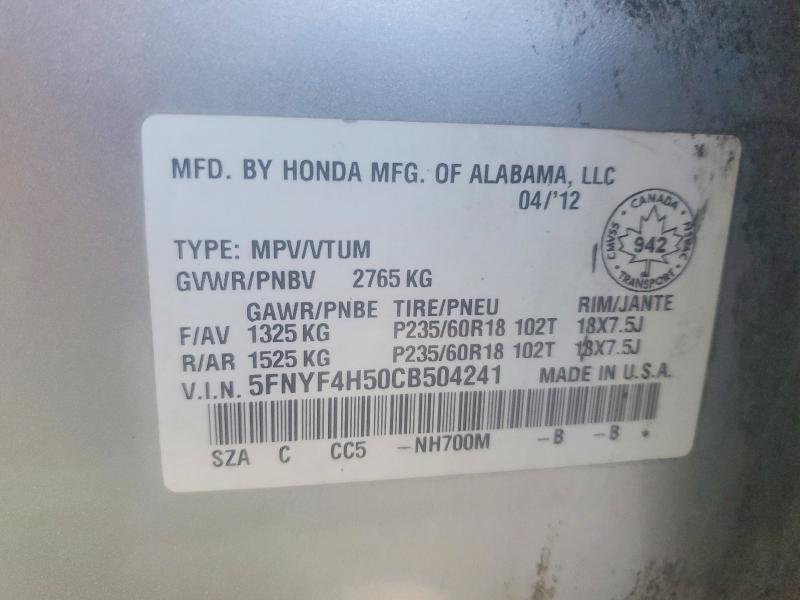 Продажа на аукционе авто 2012 Honda Pilot, vin: 5FNYF4H50CB504241, номер лота: 52037366